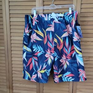 Kanu Surf Men’s Navy  Tropical Print Side Cargo Pockets Swim Trunks Size XXL